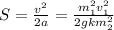 S= \frac{v^2}{2a}=\frac{m_1^2v_1^2}{2gkm_2^2}