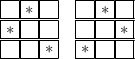 \boxed{\phantom{*}}\boxed{*}\boxed{\phantom{*}}\quad\boxed{\phantom{*}}\boxed{*}\boxed{\phantom{*}}\\\boxed{*}\boxed{\phantom{*}}\boxed{\phantom{*}}\quad\boxed{\phantom{*}}\boxed{\phantom{*}}\boxed{*}\\\boxed{\phantom{*}}\boxed{\phantom{*}}\boxed{*}\quad\boxed{*}\boxed{\phantom{*}}\boxed{\phantom{*}}