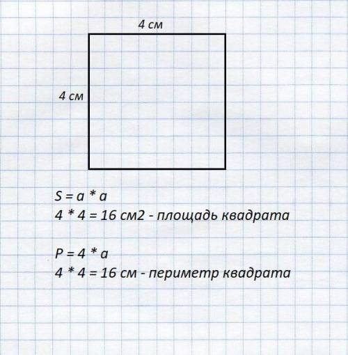 Начерти квадрат с длиной стороны 4 см, вычислить 1, площадь квадрата 2,периметр квадрата