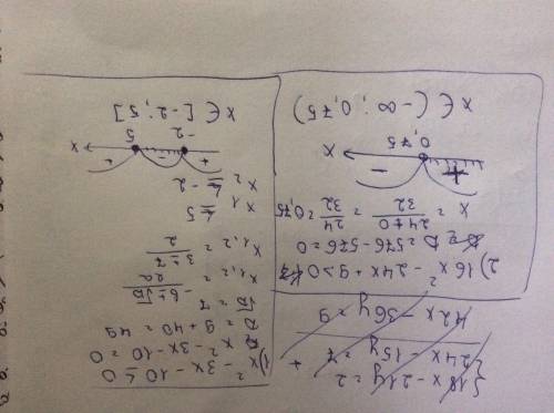 Мне а) х^2-3х-10≤0 б)16х^2-24х+9> 0 в)-х^2+2х-5> 0