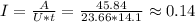 I= \frac{A}{U*t} = \frac{45.84}{23.66*14.1} \approx 0.14
