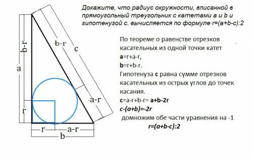Докажите что радиус окружности вписанной в прямоугольный прямоугольный треугольник с катетами а и b
