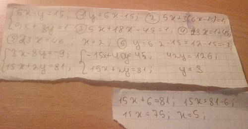 Решите систему уравнений: {6x-y=15 методом подстановки {5x+3y=1 {3x-8y=-9 методом сложения {15x+2y=8