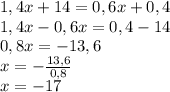 1,4x+14=0,6x+0,4\\1,4x-0,6x=0,4-14\\0,8x=-13,6\\x=- \frac{13,6}{0,8}\\x=-17