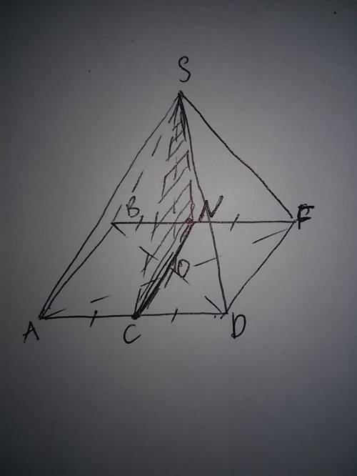 Вправильной четырехугольной пирамиде постройте сечение проходящее через середины противоположных сто
