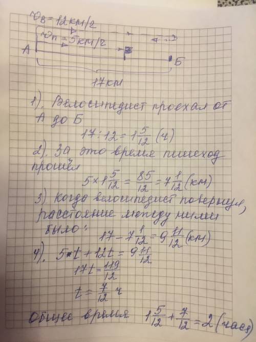 Из пункта а в пункт б, расстояние между которыми 17 км выехал велосипедист со скоростью 12 км/ч . од