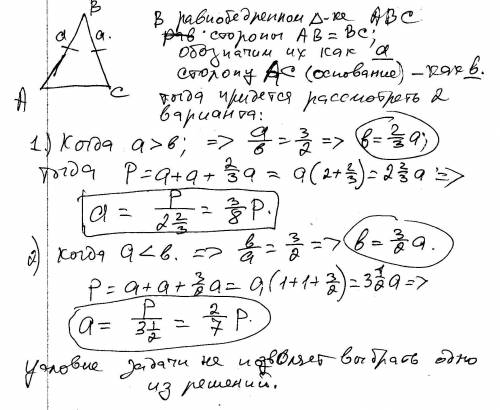 Найдите стороны равнобедренного треугольника если отношение двух из них равно 3: 2,а периметр равен