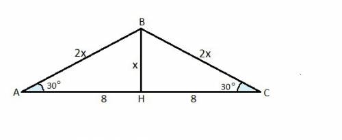 Найдите боковую сторону равнобедренного треугольника если основание равна 16, а угол при основании р