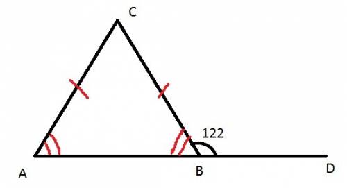 Втреугольнике abc ac = bc. внешний угол при вершине b равен 122градусам. найдите угол с. ответ дайте