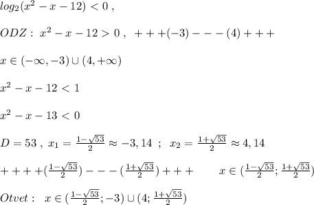 log_2(x^2-x-12)\ \textless \ 0\; ,\\\\ ODZ:\; x^2-x-12\ \textgreater \ 0\;,\; \;+++(-3)---(4)+++\\\\ x\in (-\infty ,-3)\cup (4,+\infty ) \\\\x^2-x-12\ \textless \ 1\\\\x^2-x-13\ \textless \ 0\\\\D=53\; ,\; x_1= \frac{1- \sqrt{53}}{2}\approx -3,14\; \; ;\; \; x_2= \frac{1+\sqrt{53}}{2} \approx 4,14\\\\ ++++(\frac{1-\sqrt{53}}{2})---(\frac{1+\sqrt{53}}{2})+++\qquad x\in (\frac{1-\sqrt{53}}{2};\frac{1+\sqrt{53}}{2})\\\\Otvet:\; \; x\in (\frac{1-\sqrt{53}}{2};-3)\cup (4;\frac{1+\sqrt{53}}{2})