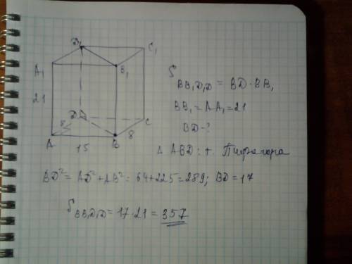 Впрямоугольном параллелепипеде abcda1b1c1d1 известны длины ребер: ab=15, ad=8, aa1=21. найдите площа