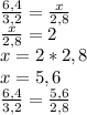 \frac{6,4}{3,2} = \frac{x}{2,8} \\ \frac{x}{2,8} =2 \\ x=2*2,8 \\ x=5,6 \\ \frac{6,4}{3,2} = \frac{5,6}{2,8}