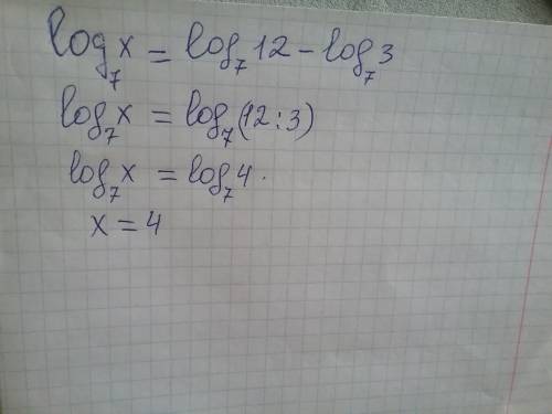Решите логарифмическое уравнение log7 x=log7 12 - log7 3