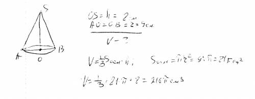 Обчисліть об’єм конуса, висота якого дорівнює 8 см, а радіус основи – 9 см.