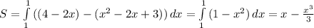 S= \int\limits^1_1 { ((4-2x)-(x^{2} - 2x+3)) } \, dx = \int\limits^1_1 {(1-x^{2}) } \, dx = x-\frac{ x^{3} }{3}