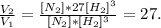 \frac{V_{2}}{V_{1}}= \frac{[N_{2}]*27[H_{2}]^{3}}{[N_{2}]*[H_{2}]^{3}}=27.