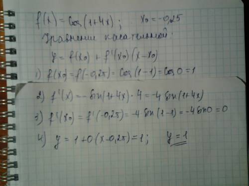 Найдите уравнение касательной, проведённой к графику функции f(x) в точку x0, если: f(x)=cos(1+4x),