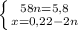 \left \{ {{58n=5,8} \atop {x=0,22-2n}} \right.