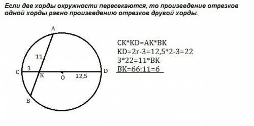 Хорда ав пересекает диаметр сd окружности с центром о в точке к. найдите хорду ав, если ак=11см, ск=