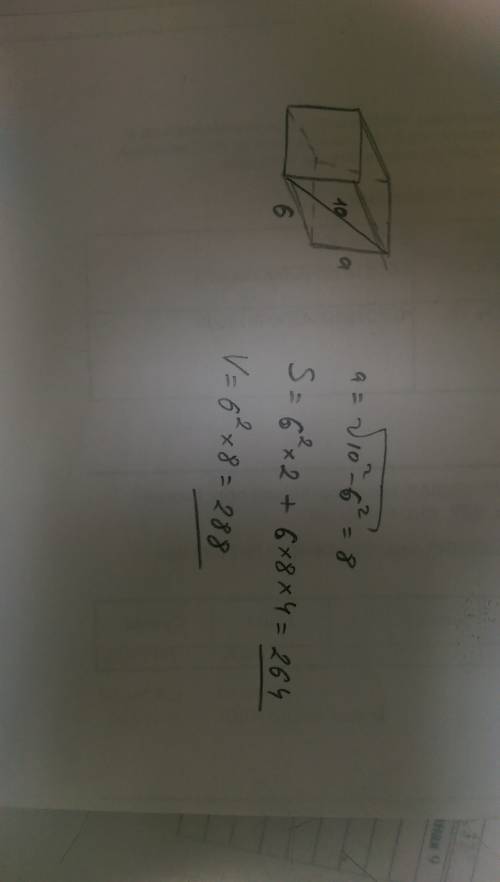 11) решить . в правильной четырехугольной призме сторона основания равна 6 см, а диагональ боковой г