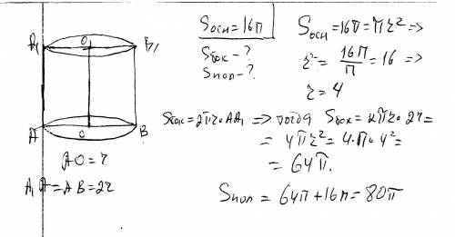 Площадь основания кругового цилиндра 16п см^2. найти боковую и полную поверхность цилиндра,если осев