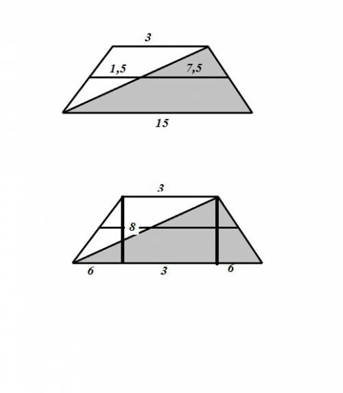 Диагональ равнобедренной трапеции делит среднюю линию на отрезки с длинами 1,5 и 7,5, а площадь ее р