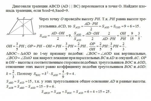 Диагонали трапеции abcd (ad | | bc) пересекаются в точке о. найдите площадь трапеции, если scod=6,sa