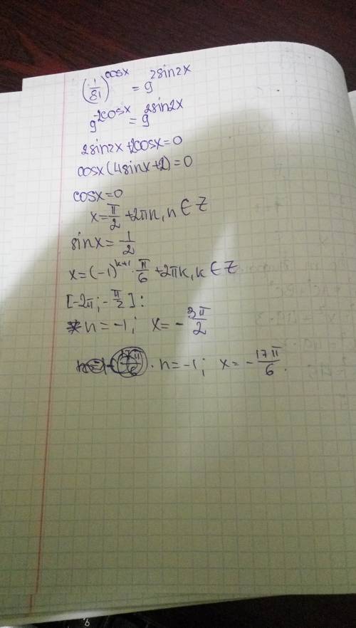 Решить уравнение (〖1/81)〗^cosx=9^2sin2x указать корни этого уравнения, принадлежащие отрезку [-2π; -