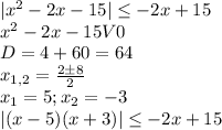 |x^2-2x-15| \leq -2x+15 \\ x^2-2x-15V0 \\ D = 4+60= 64 \\ x_{1,2} = \frac{2б8}{2} \\ x_1 = 5; x_2 = -3 \\ |(x-5)(x+3)| \leq -2x+15 \\