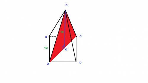 Высота правильной четырехугольной пирамиды sabcd равна 10. сторона основания 12. найдите площадь дио