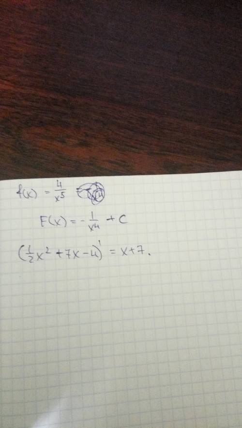 Загальний вигляд первісної функції f(x)=4/x^5 знайти похідну (1/2)x^2+7x-4
