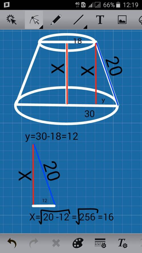 Радиус основания усеченного конуса равен 18 и 30 см; образующая равна 20 см. найдите расстояние от ц