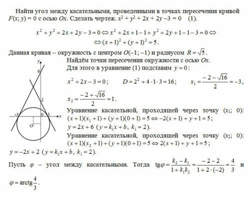 Найти угол между касательными, проведенными в точках пересечения кривой f ( x; y) = 0 c oсью оx .сде