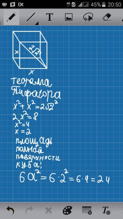 Диагональ грани куба равна 2 корень из 2 см. найдите площадь полной поверхности куба