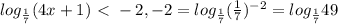 log_{ \frac{1}{7} } (4x+1)\ \textless \ -2, -2= log_{ \frac{1}{7} } ( \frac{1}{7} )^{-2} = log_{ \frac{1}{7} } 49