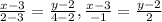 \frac{x-3}{2-3} = \frac{y-2}{4-2} , \frac{x-3}{-1} = \frac{y-2}{2}