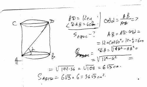 Вцилиндре диагональ осевого сечения равна 12см и наклонена к плоскости основания под углом 60 градус