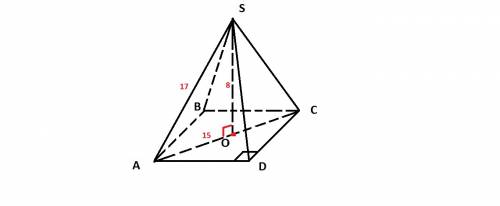 Вправильной четырехугольной пирамиде sabcd точка о - центр основания, s вершина, so=8см,sa=17см. най