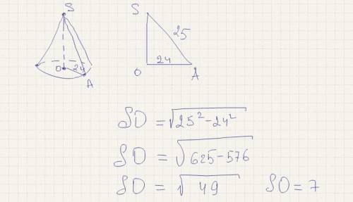 Если образующая конуса 25 см, а радиус основания -24см. то чему равна высота конуса? ?