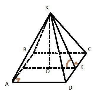 Высота правильной четырехугольной пирамиды равна 3см боковое ребро наклонено к плоскости под углом 3