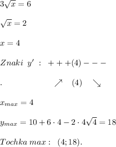 3\sqrt{x}=6\\\\\sqrt{x}=2\\\\x=4\\\\Znaki\; \; y'\; :\; \; +++(4)---\\\\.\qquad \qquad \qquad \nearrow \; \; \; (4)\quad \searrow \\\\x_{max}=4\\\\y_{max}=10+6\cdot 4-2\cdot 4\sqrt4=18\\\\Tochka\; max:\; \; (4;18).