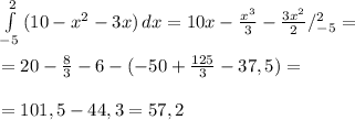 \int\limits^2_{-5} {(10-x^2-3x)} \, dx =10x- \frac{x^3}{3}- \frac{3x^2}{2} /^2_{-5}= \\ \\ =20- \frac{8}{3}- 6-(-50+ \frac{125}{3}- 37,5 )= \\ \\ =101,5-44,3=57,2