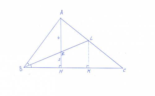 Высота ah и биссектриса bl в треугольнике abc пересекаются в точке k. при этом ak = 4, kh = 2, bl =