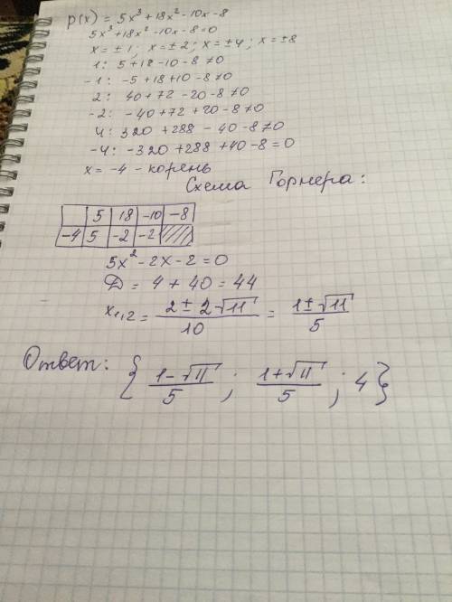 Найти корни многочлена p(x)=5x^3+18x^2-10x-8