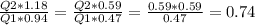 \frac{Q2*1.18}{Q1*0.94} = \frac{Q2*0.59}{Q1*0.47} = \frac{0.59 *0.59}{0.47} = 0.74
