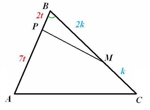 Площадь треугольника abc равна 18.на стороне ab взята точка p так,что ap: pb=7: 2,а на стороне bc-то