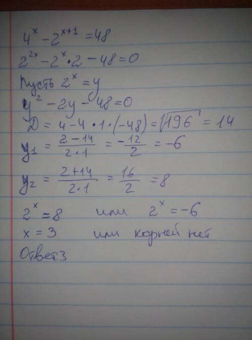 Найдите корень уравнения 4^x - 2^x+1 = 48