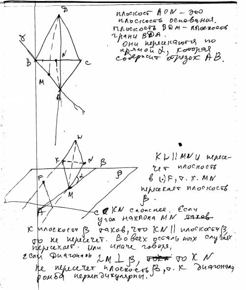 1)точки м и n являются серединами рёбер ав и вс пирамиды dabc. по какой прямой пересекаются плоскост