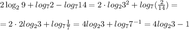 2\log_29+log_72-log_714=2\cdot log_23^2+log_7(\frac{2}{14})=\\\\=2\cdot 2log_23+log_7\frac{1}{7}=4log_23+log_77^{-1}=4log_23-1