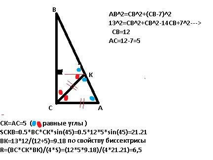 Впрямоугольном треугольнике авс ( угол с = 90, ав= 13,ас=св-7 ) проведена биссектриса ск. найдите ка